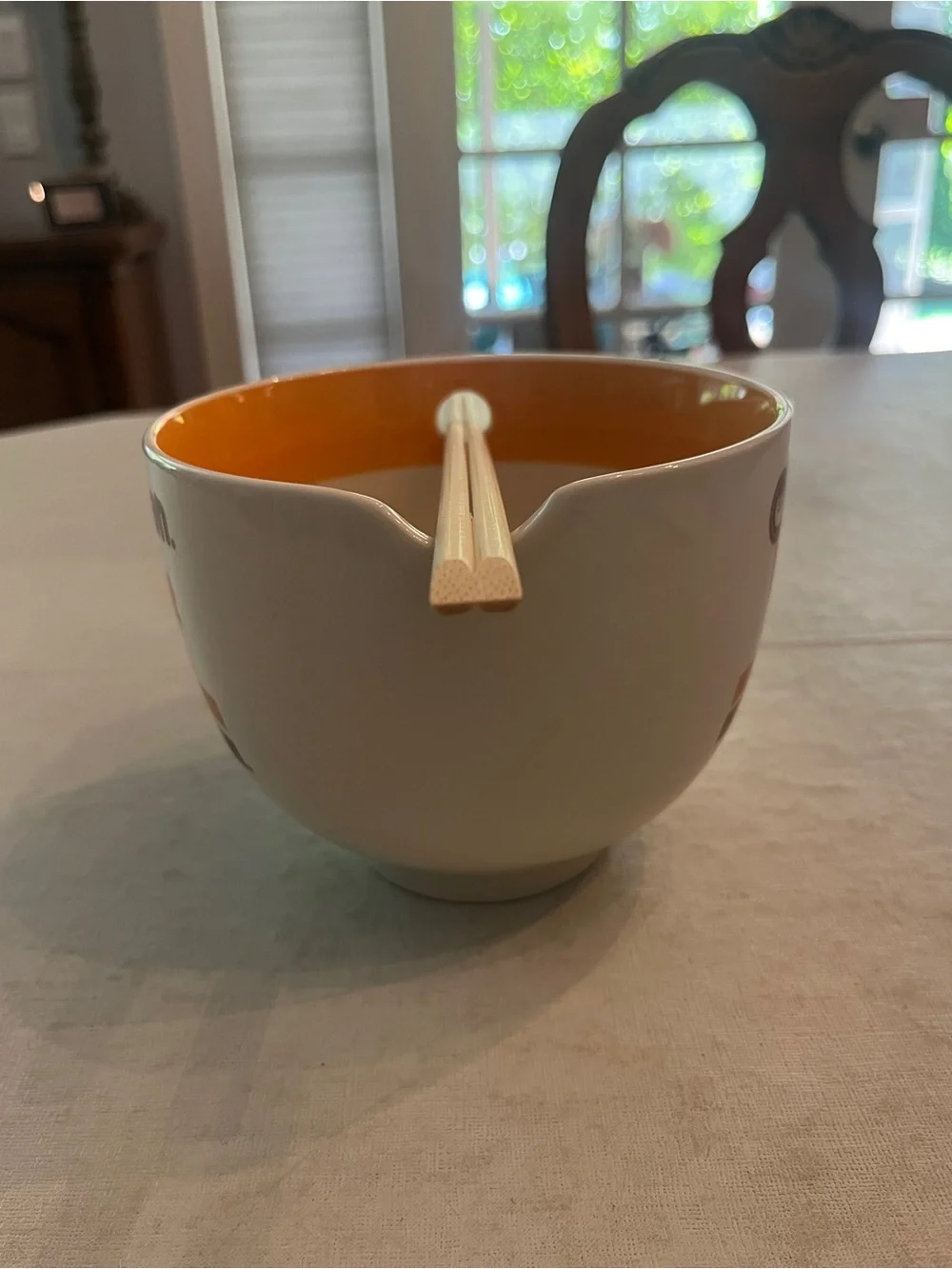 Classic Instant Lunch White & Orange Ceramic Ramen Bowl. W/ chopsticks